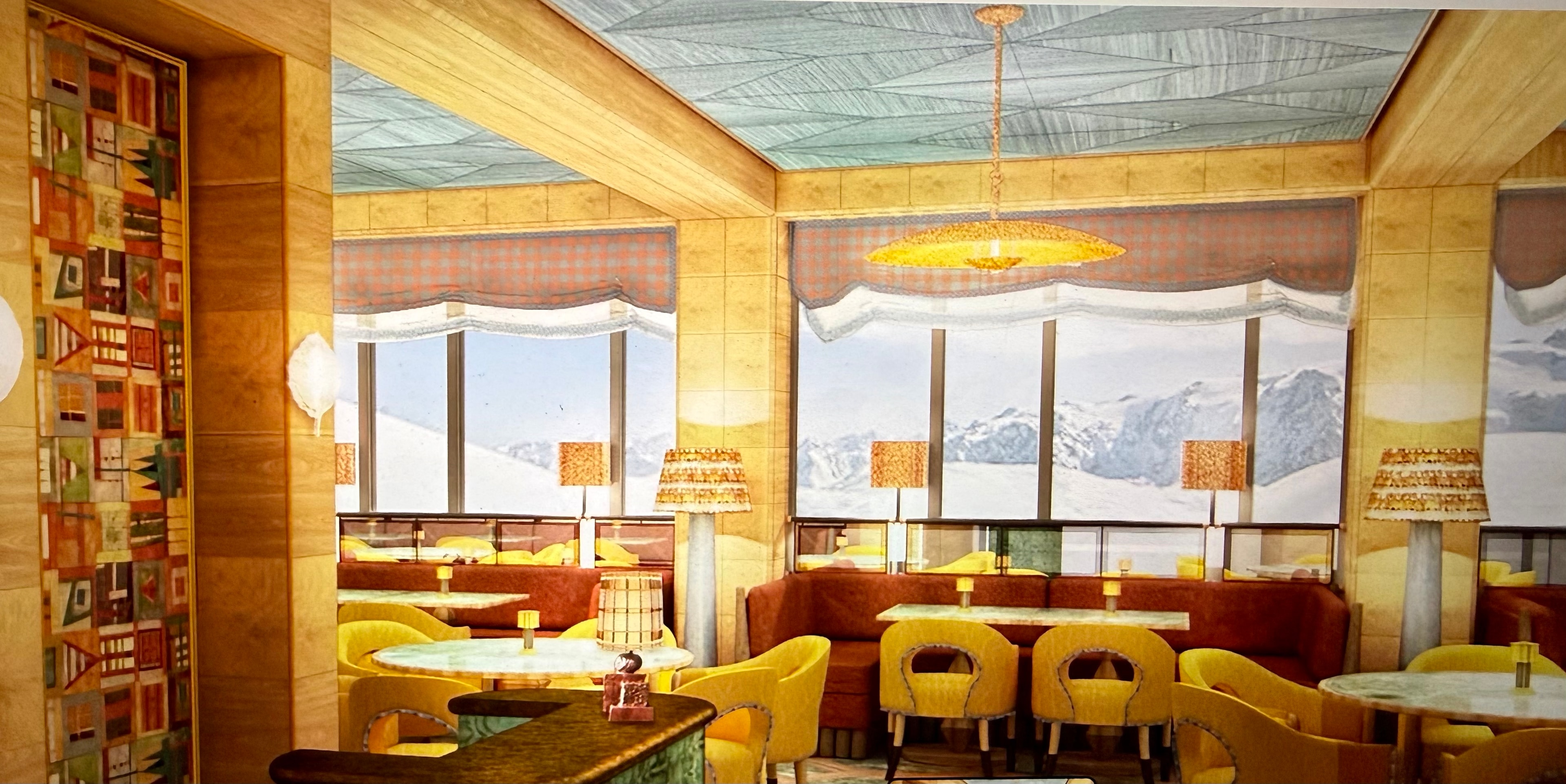 Chalet Alpina dining lounge with yellow chairs, banquettes, and mountain window views — developer rendering