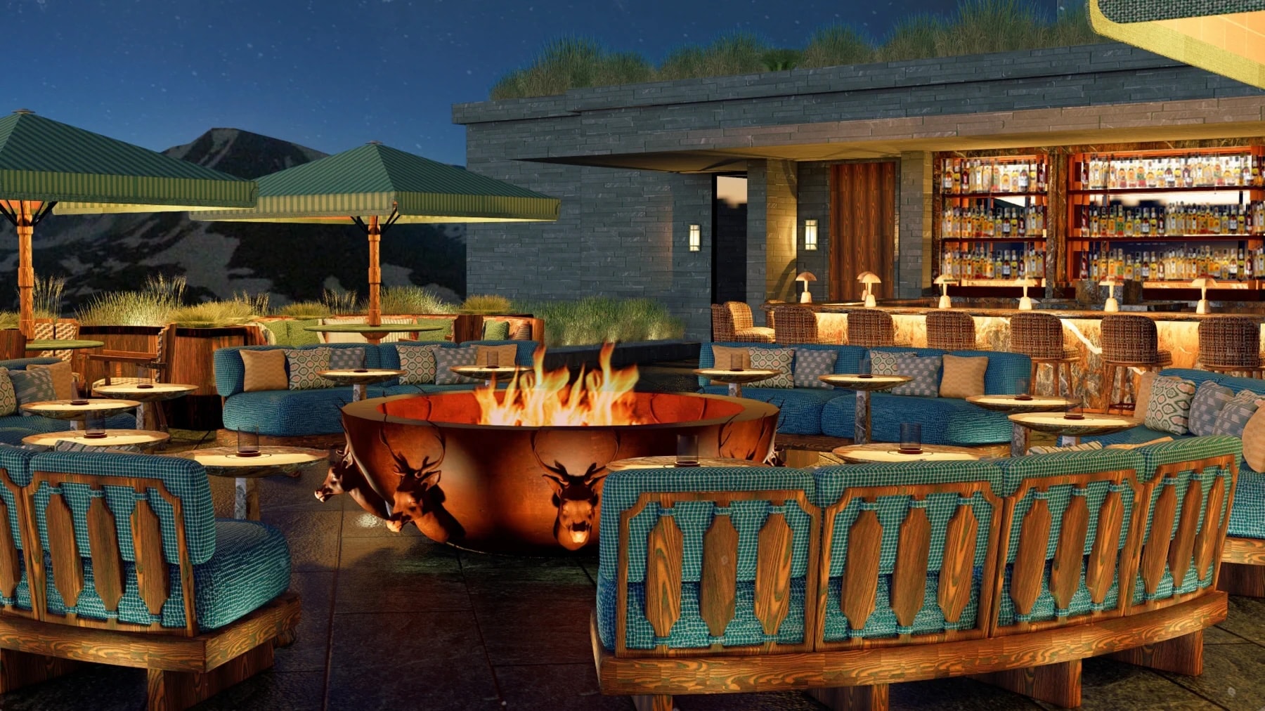 Chalet Alpina rooftop outdoor bar and fire feature with mountain views at night — developer rendering