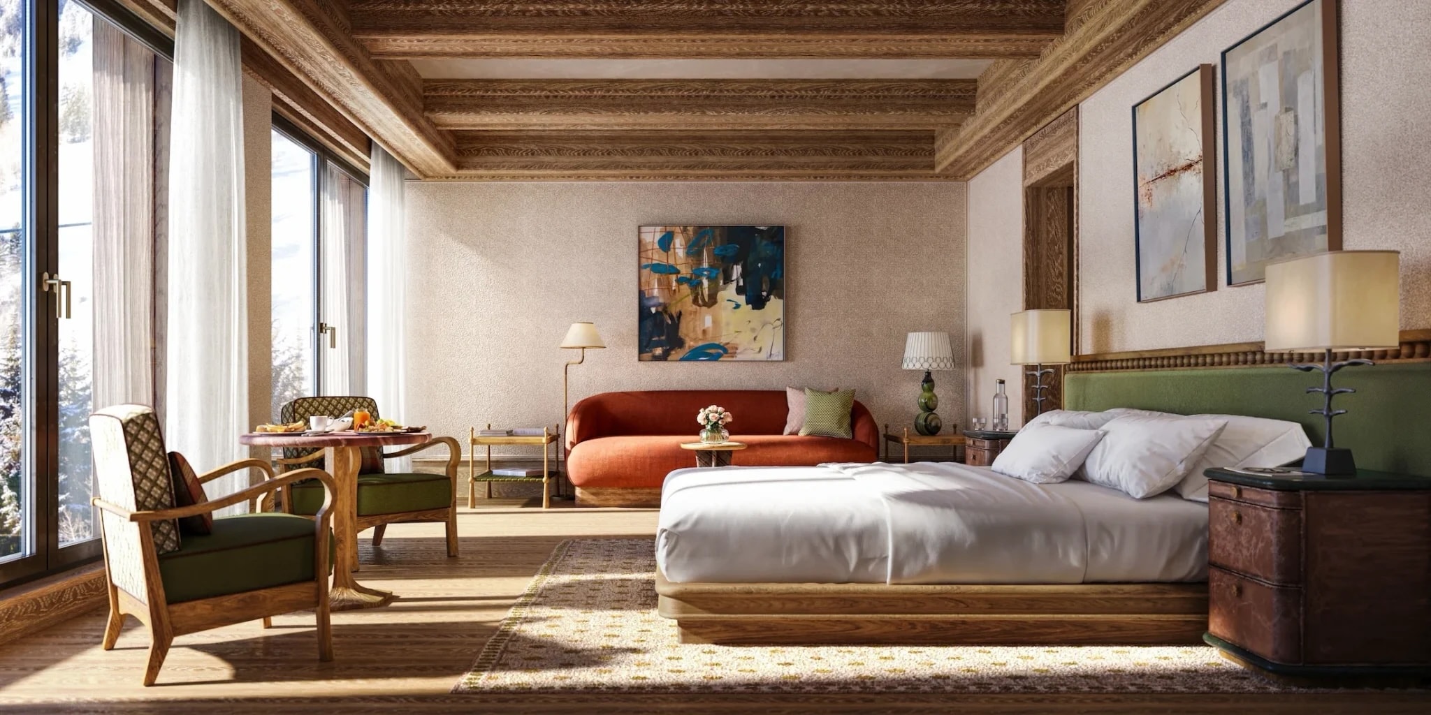 Chalet Alpina bedroom and sitting suite developer rendering with mountain views