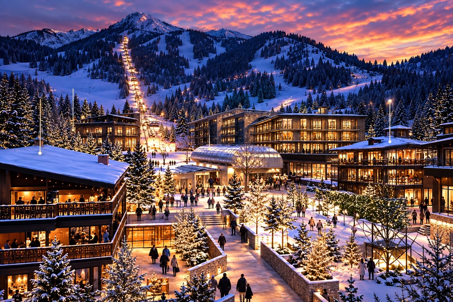 Evening view of the Lift One corridor redevelopment at the base of Aspen Mountain.